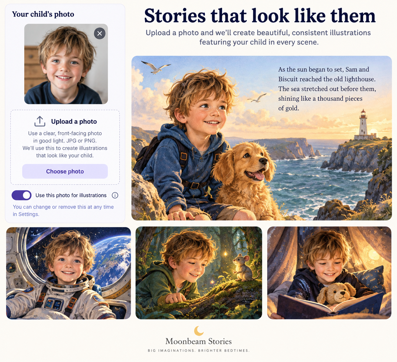 A child's photo transformed into personalised Moonbeam story illustrations